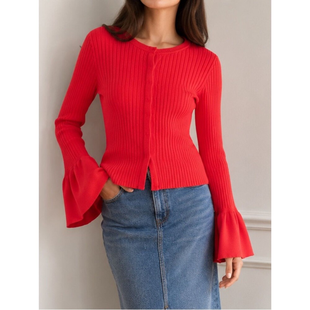 Cabi Trumpet Cardigan Sweater Sz Small Hibiscus Red Bell Sleeve Rib Knit Cotton